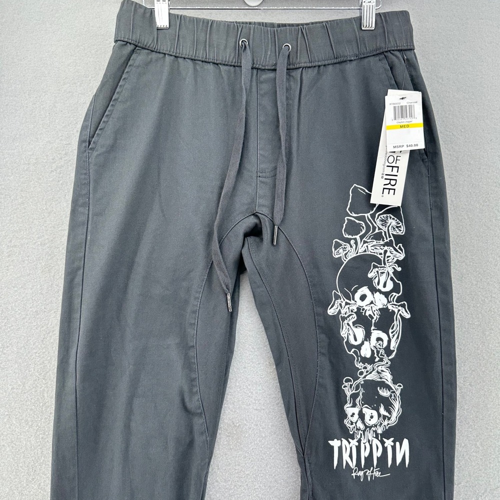 Ring of Fire Jogger‎ Pants Charcoal Trippin Skull Mushroom Drawstring M